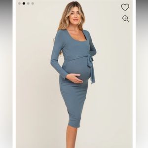 PinkBlush Blue Basic Square Neck Maternity Midi Dress (Size Large)